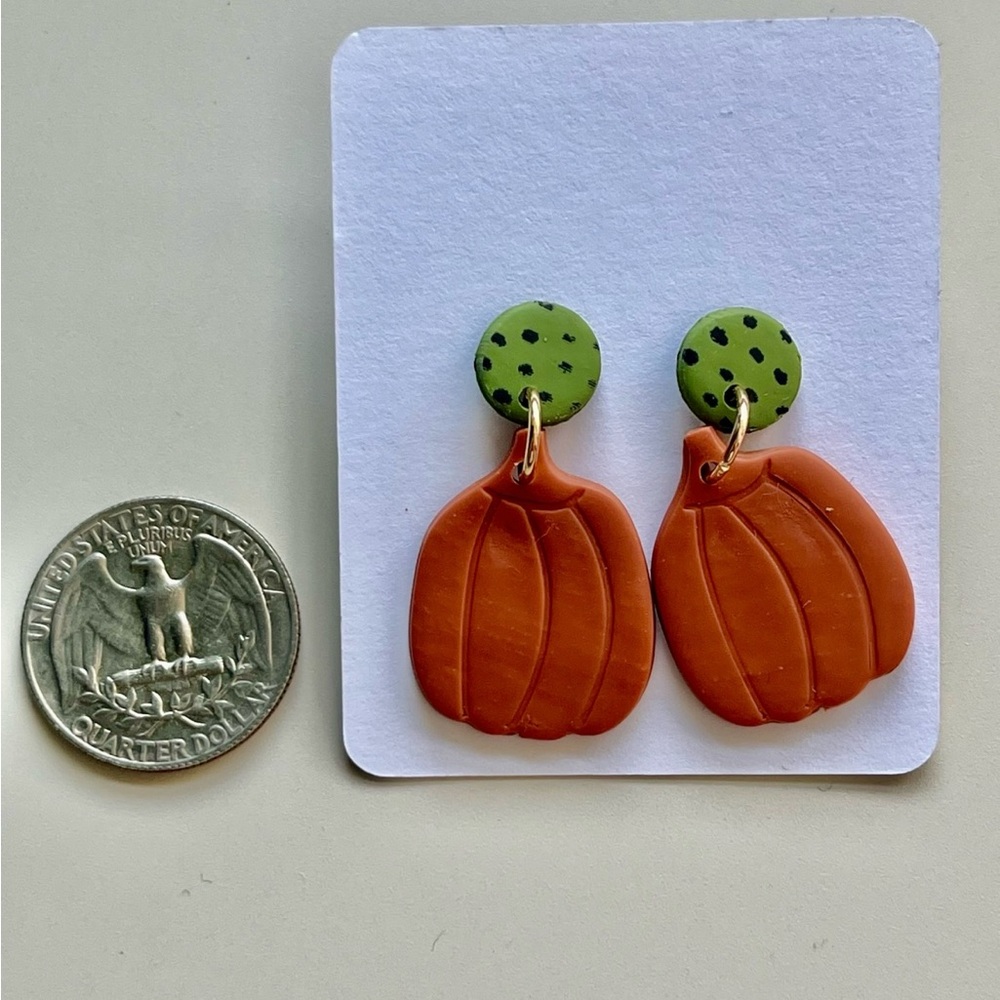 Orange Pumpkin Earrings with Green Polka Dot Studs